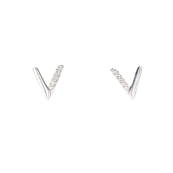 Sterling Silver "V" Shape Stud Earrings Sparkling Cubic Zirconia Accent 1/4" - Picture 1 of 3